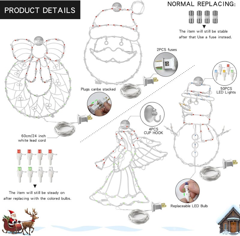 SUPHONOR 4 Pack Christmas Window Silhouette Lights Decorations, Santa Claus, Wreath, Angel, Snow Man Christmas Window Light for Holiday Wall Door Window Decorations - Image 4